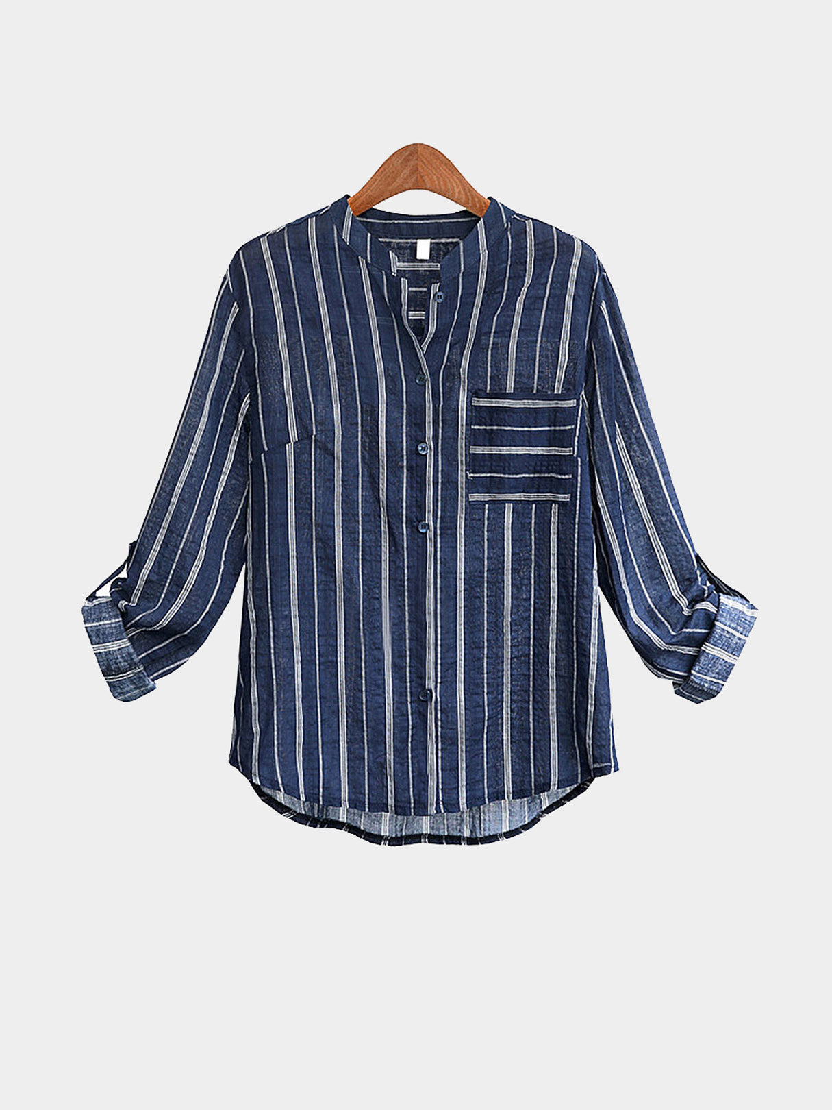 Wholesale Chimney Collar Stripe Long Sleeve Curved Hem Blue Plus Size Tops