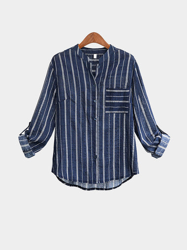 Wholesale Chimney Collar Stripe Long Sleeve Curved Hem Blue Plus Size Tops