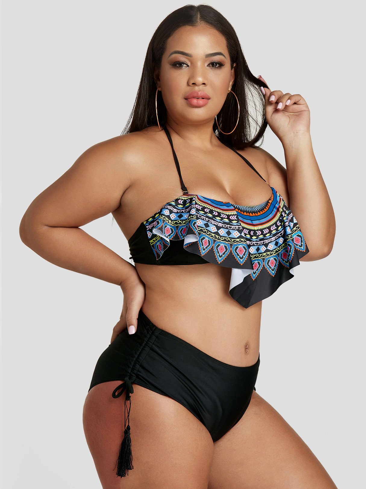 Wholesale Tribal Print Tiered Tie-Up Sleeveless Tassel Hem Plus Size Swimwear