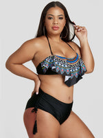 Wholesale Tribal Print Tiered Tie-Up Sleeveless Tassel Hem Plus Size Swimwear