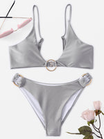 Wholesale Silver Sleeveless Metallic Buckle Bikini Set Swimwear