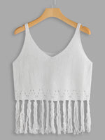 Wholesale Scoop Neck Plain Tassel Sleeveless White Camis