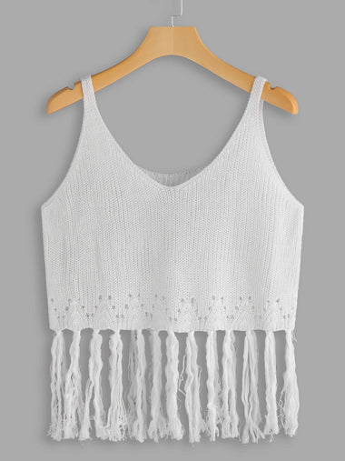 Wholesale Scoop Neck Plain Tassel Sleeveless White Camis