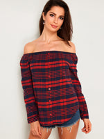 Wholesale Off The Shoulder Stripe Long Sleeve Irregular Hem Red T-Shirts