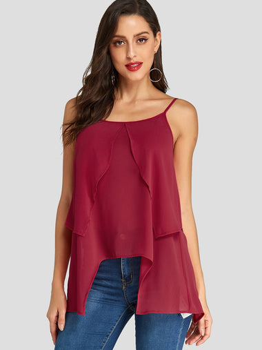 Wholesale Tiered Spaghetti Strap Irregular Hem Burgundy Tank Top