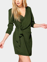 Wholesale Army Green V-Neck Long Sleeve Crossed Front Zip Back Dresses