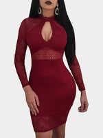 Wholesale Burgundy Crew Neck Long Sleeve Lace Zip Back Slit Hem High-Waisted Sexy Dress