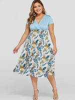 Wholesale V-Neck Crossed Front Pleated Short Sleeve Blue Plus Size Dress