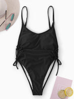 Wholesale Black V-Neck Sleeveless Plain Lace-Up One-Pieces Swimsuits