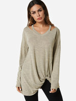 Wholesale V-Neck Cut Out Long Sleeve Irregular Hem Apricot T-Shirts