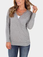 Wholesale V-Neck Plain Crossed Front Lace-Up Long Sleeve Grey T-Shirts
