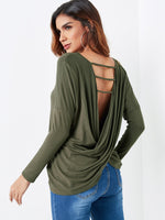 Wholesale Round Neck Crossed Collar Plain Backless Criss-Cross Twist Long Sleeve Irregular Hem Army Green Top