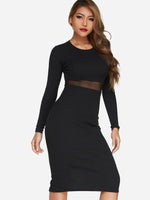 Wholesale Black Round Neck Long Sleeve See Through Slit Hem Sexy Dress