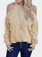 Wholesale Crew Neck Cold Shoulder Cut Out Long Sleeve Khaki T-Shirts