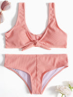 Wholesale Pink Scoop Neck Sleeveless Plain Lace-Up Stitching Hem Two Piece Bikinis