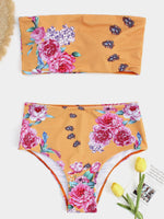 Wholesale Yellow Off The Shoulder Sleeveless Floral Print Bikini Set Swimwear