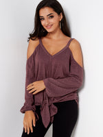 Wholesale V-Neck Cold Shoulder Plain Backless Tie-Up Long Sleeve Burgundy T-Shirts