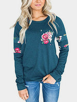 Wholesale Round Neck Floral Print Long Sleeve Green T-Shirts