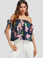 Wholesale Off The Shoulder Floral Print Self-Tie Sleeveless Navy Blouses