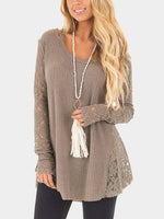 Wholesale Round Neck Lace Hollow Long Sleeve Khaki Top