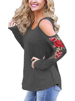 Wholesale Cold Shoulder Embroidered Long Sleeve Grey T-Shirts
