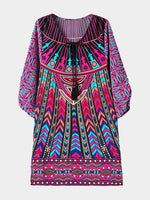 Wholesale Crew Neck Geometrical 3/4 Length Sleeve Slit Hem Midi Dress