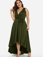 Wholesale V-Neck Pleated Self-Tie Sleeveless High-Low Hem Army Green Plus Size Dresses