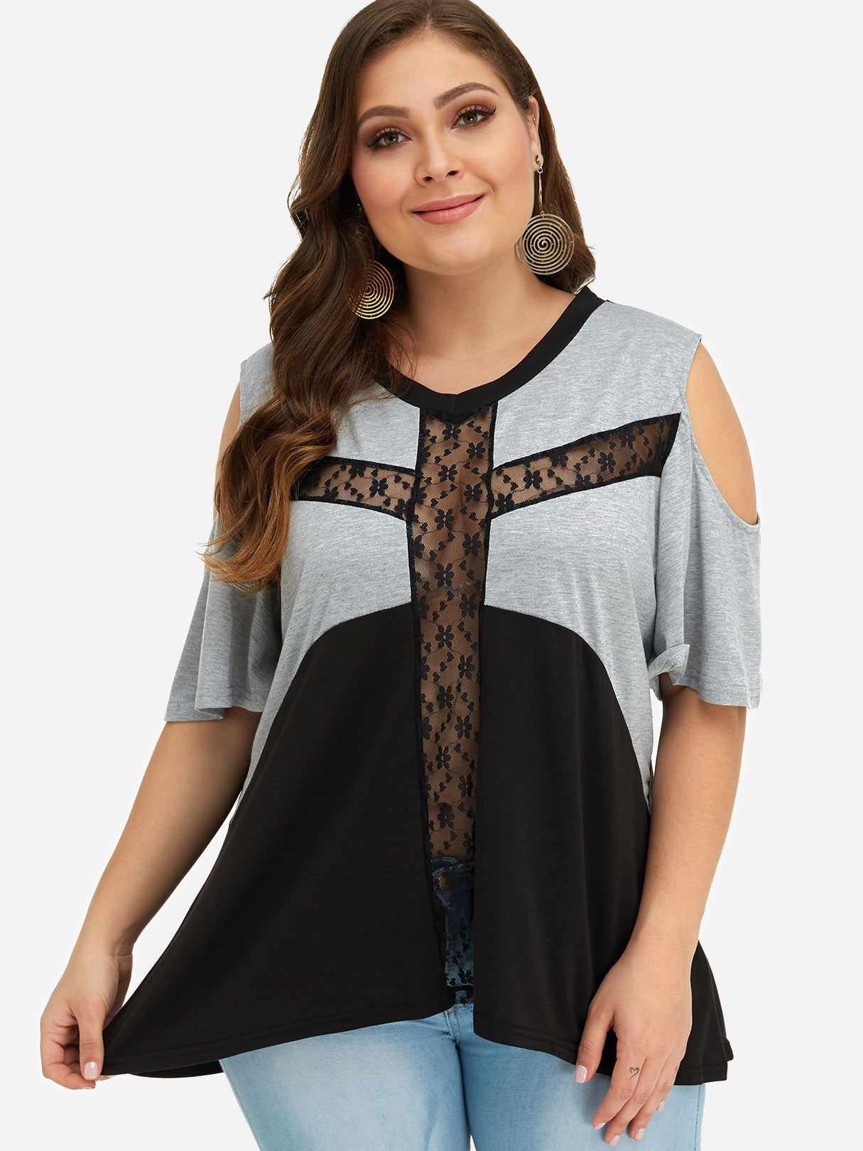 Wholesale V-Neck Stripe Lace Half Sleeve Handkerchief Hem Plus Size Tops