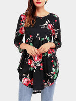 Wholesale Round Neck Floral Print 3/4 Sleeve Curved Hem Black T-Shirts