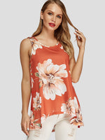 Wholesale Round Neck Floral Print Sleeveless High-Low Hem Orange Tank Top