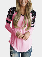 Wholesale Round Neck Floral Print Long Sleeve Curved Hem Fashion Tee