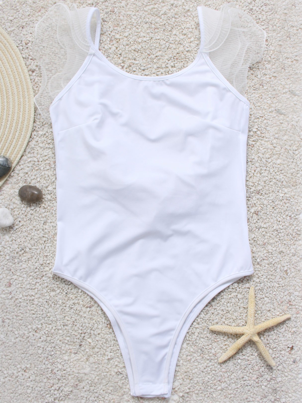 Wholesale Off Shoulder Sleeveless Plain Frill Trim Open Back One-Pieces Swimwear