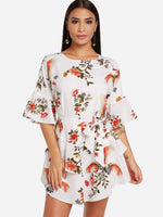 Wholesale White Round Neck Short Sleeve Floral Print Tiered Self-Tie Flounced Hem Dresses