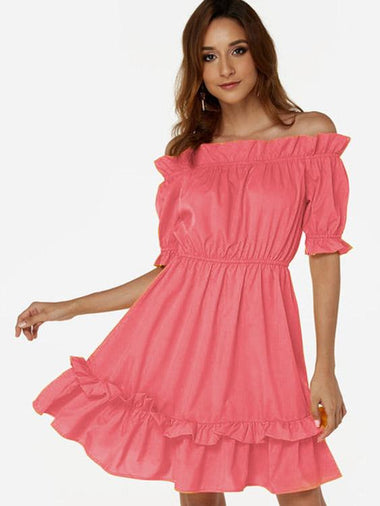 Wholesale Pink Off The Shoulder Short Sleeve Flounced Hem Dresses