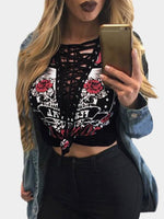 Wholesale Deep V Neck Floral Print Long Sleeve Bodycon Hem Black Top