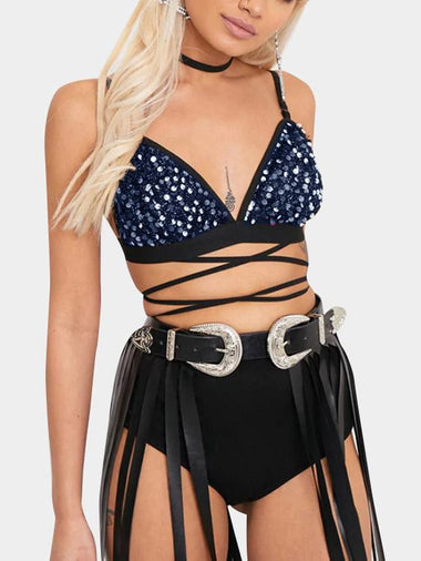 Wholesale Deep V Neck Backless Lace-Up Sequins Embellished Sleeveless Bodycon Hem Blue Camis