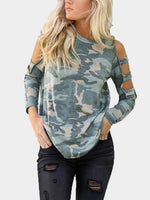 Wholesale Cold Shoulder Camouflage Cut Out Long Sleeve Green T-Shirts