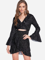 Wholesale Black V-Neck Long Sleeve Polka Dot Wrap Flounced Hem Dresses