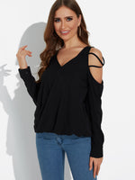 Wholesale V-Neck Cold Shoulder Long Sleeve Black Top