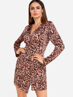 Wholesale V-Neck Long Sleeve Leopard Crossed Front Wrap Slit Hem Dresses