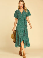 Wholesale Deep V Neck Short Sleeve Self-Tie Wrap Flounced Hem Dresses