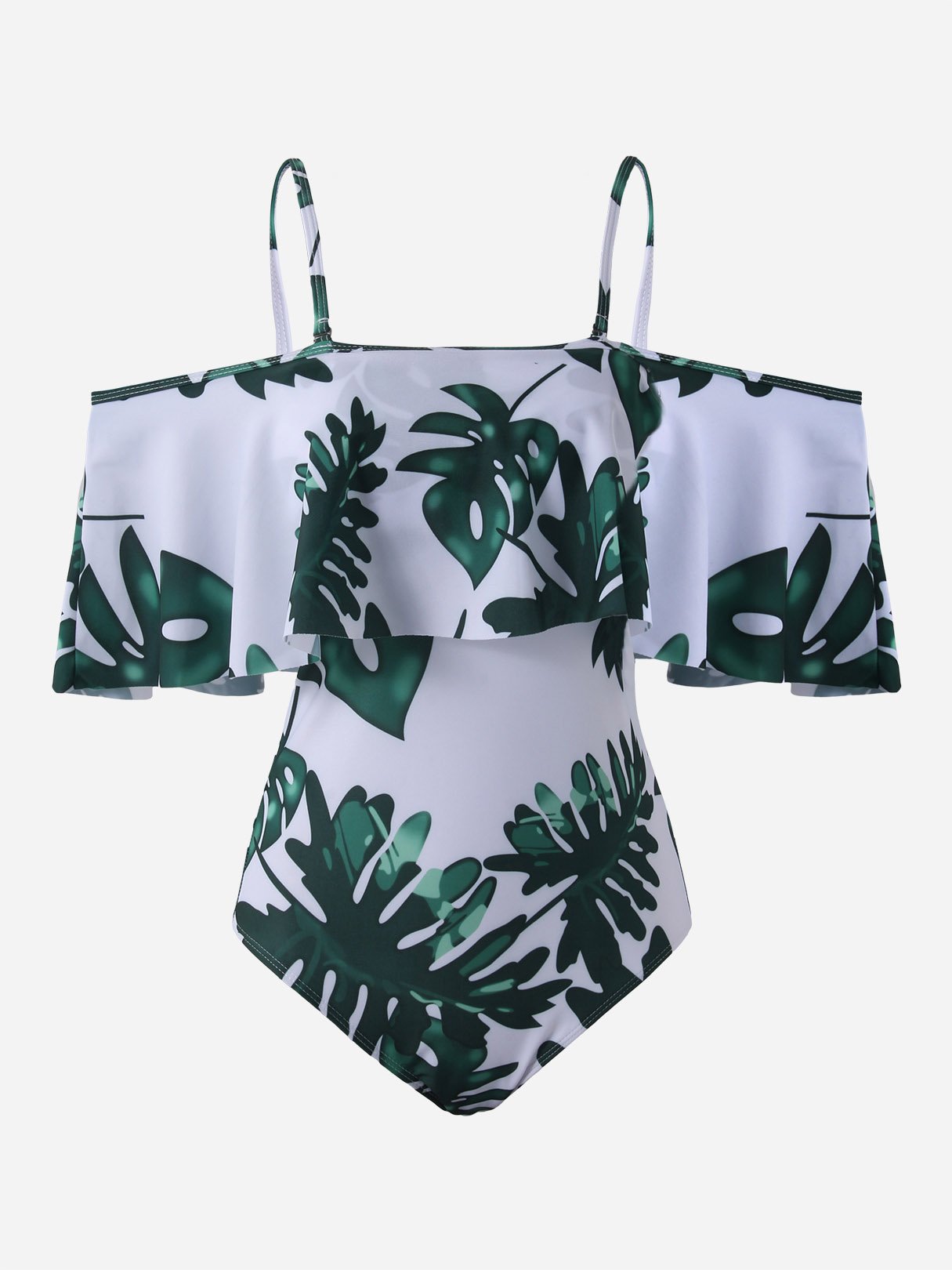 Wholesale Cold Shoulder Short Sleeve Printed Flounced Hem One-Pieces Swimwear
