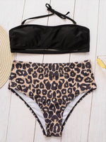 Wholesale Black Halter Off The Shoulder Sleeveless Leopard Tie-Up Bikinis