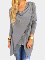 Wholesale Round Neck Tassel Long Sleeve Tassel Hem Grey Top
