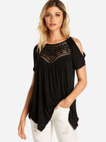 Wholesale Cold Shoulder Lace Short Sleeve Irregular Hem Black T-Shirts
