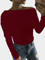 Wholesale Scoop Neck Plain Long Sleeve Irregular Hem Burgundy T-Shirts