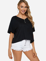 Wholesale V-Neck Plain Half Sleeve Ruffle Hem Black Top