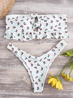 Wholesale White Bateau Sleeveless Floral Print Backless Hollow Self-Tie Bikini Sets