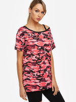 Wholesale Crew Neck Cold Shoulder Camouflage Cut Out Short Sleeve Red T-Shirts