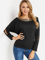 Wholesale Round Neck Plain Cut Out Sequins Embellished Long Sleeve Black Top